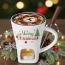 Honeydak Christmas Chocolate Fondue Mug with Fork and 3 Candle Sweet Ceramic Personal Chocolate Melting Cup Ideal Xmas Gifts Birthday Date Night Birthday Wedding Gifts(White,Modern)