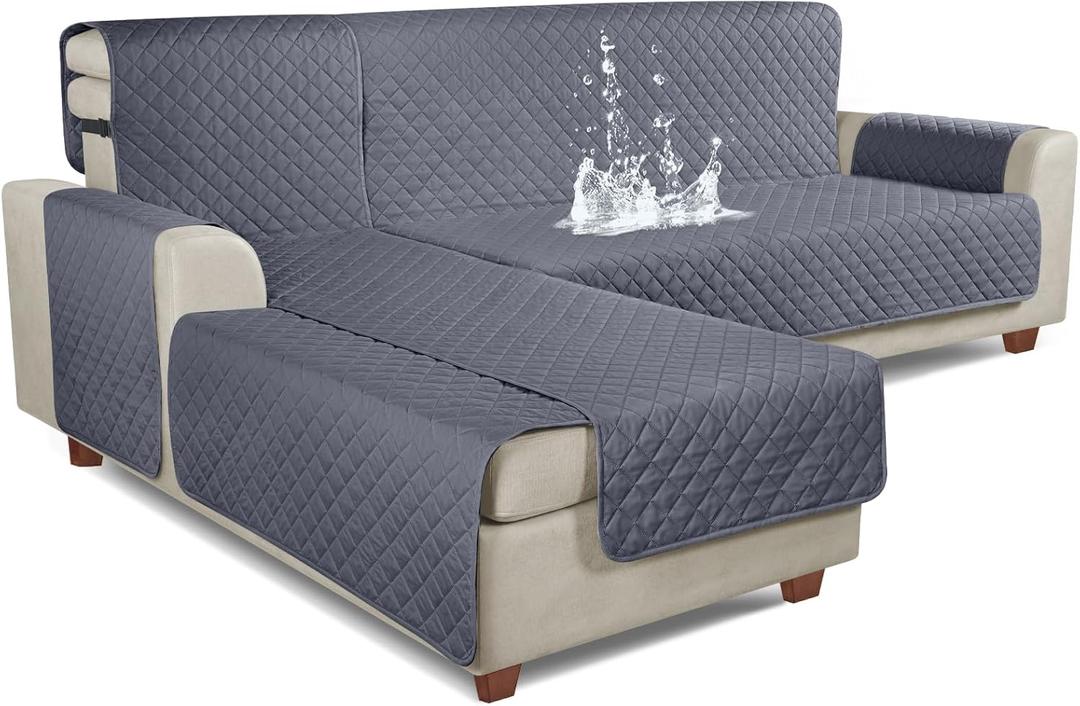 KinCam Sectional Couch Covers 100% Waterproof L Shaped Sofa Covers 3pcs Sofa Slipcovers for Sectional Chaise Slipcover for Pets Kids, Large/ Dark Grey