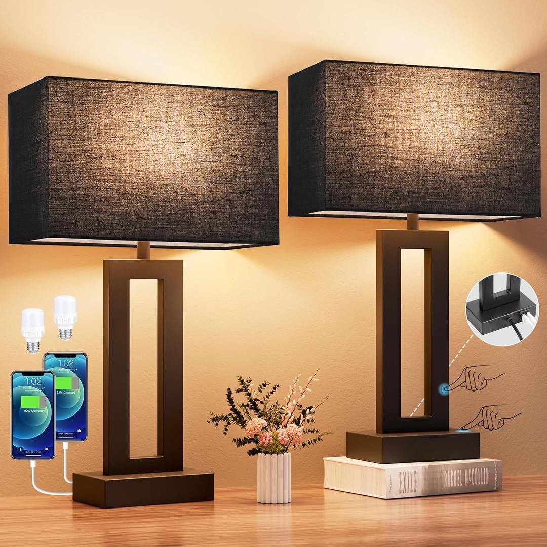 Seealle Nightstand Table Lamps for Bedrooms Set of 2 - Touch Bedside Lamp with USB C+A, 3 Way Dimmable Living Room End Tables 2, Modern Night Stand Bed Side Guest Room(Black) E. Black