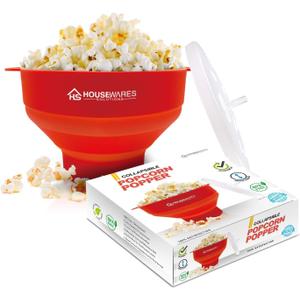 Collapsible Silicone Microwave Hot Air Popcorn Popper Bowl With Lid and Handles - Red