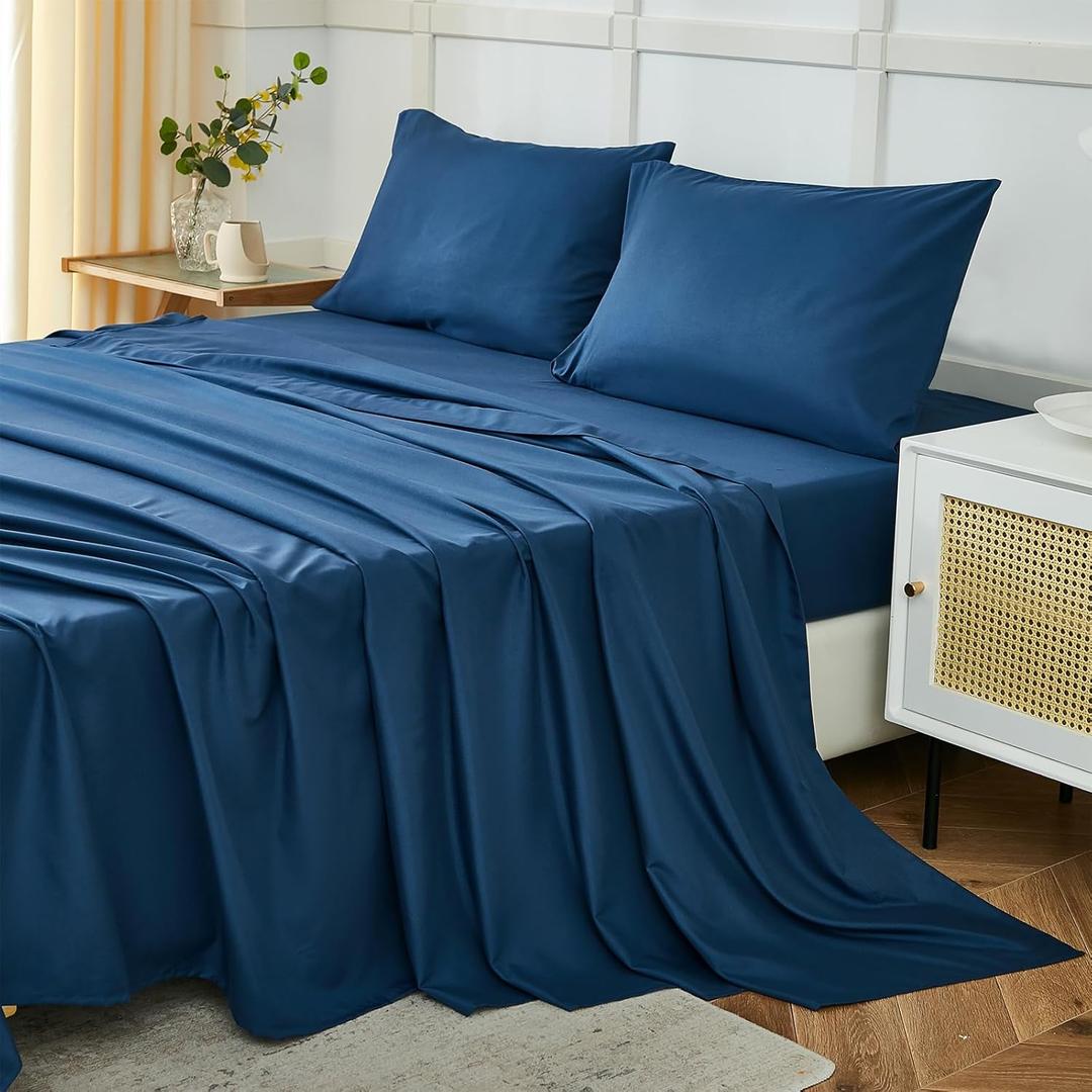 ILAVANDE Navy Queen Sheets Set 4 Piece, Hotel Luxury Super Soft 1800 Series Microfiber Navy Blue Bed Sheets Set-Wrinkle Free & Breathable-14 Deep Pocket Sheets for Queen Size Bed(Queen,Navy Blue)