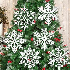 4 pcs Large White Snowflakes Christmas Ornaments- 12 Big Plastic Glitter Hanging Snow Flakes for Christmas Tree Decorations Winter Indoor Outdoor Window Home Decor Giant Craft Snowflakes