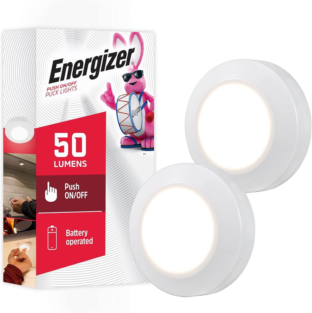 Energizer LED Puck Lights, 2 Pack, Battery Operated, Push Light, Wireless Lights, 50 Lumens, Tap Light, Stick On Lights, White, Perfect for Under Cabinet, Closets, Pantry, and More, 46009
