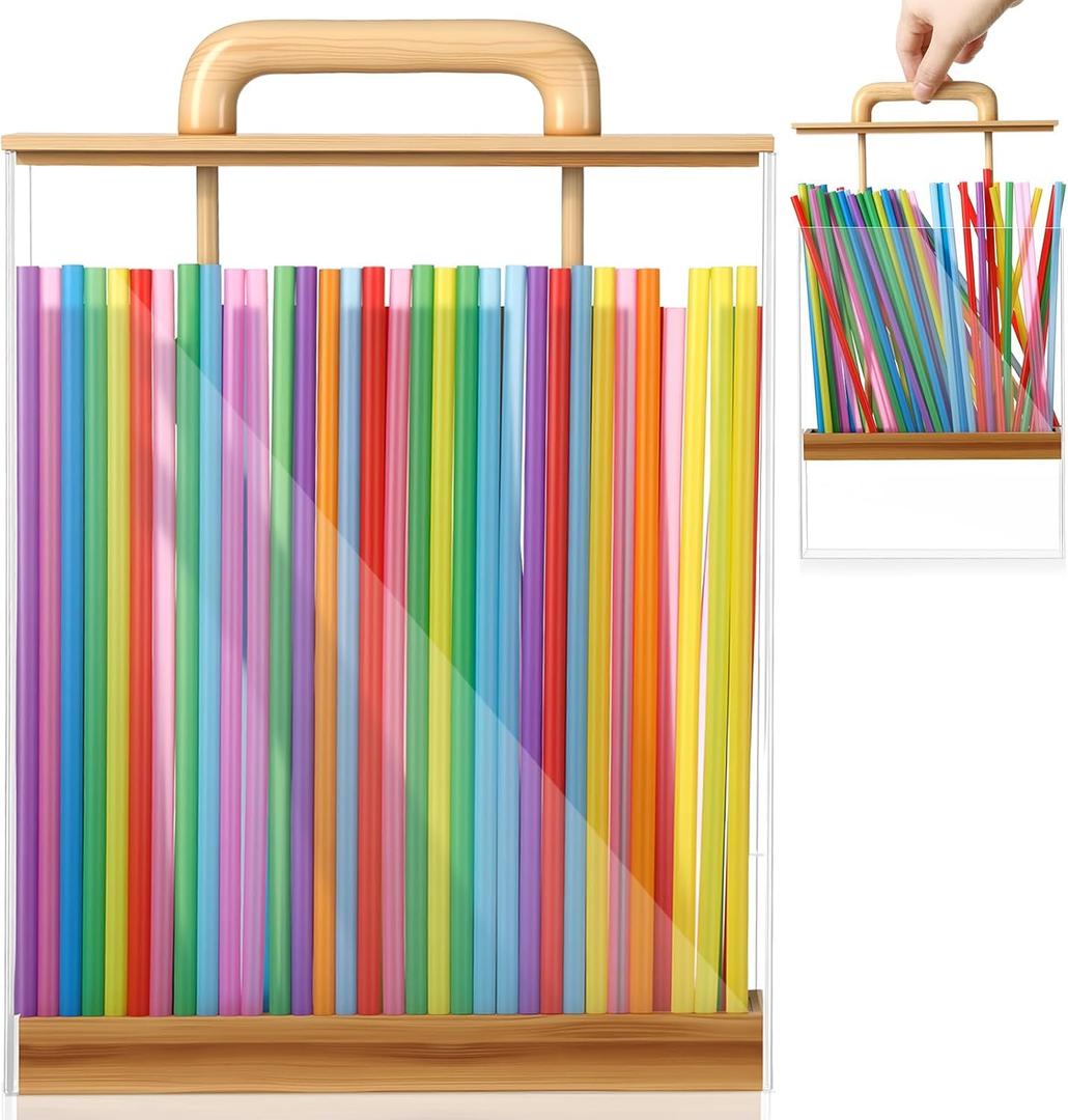 LemonRoad Counter Straw Holder Dispenser, 9.84 Inch Square Drinking Straw Dispenser Acrylic with Bamboo Lid for Thanksgiving Christmas Party Storage, Not Included Straws