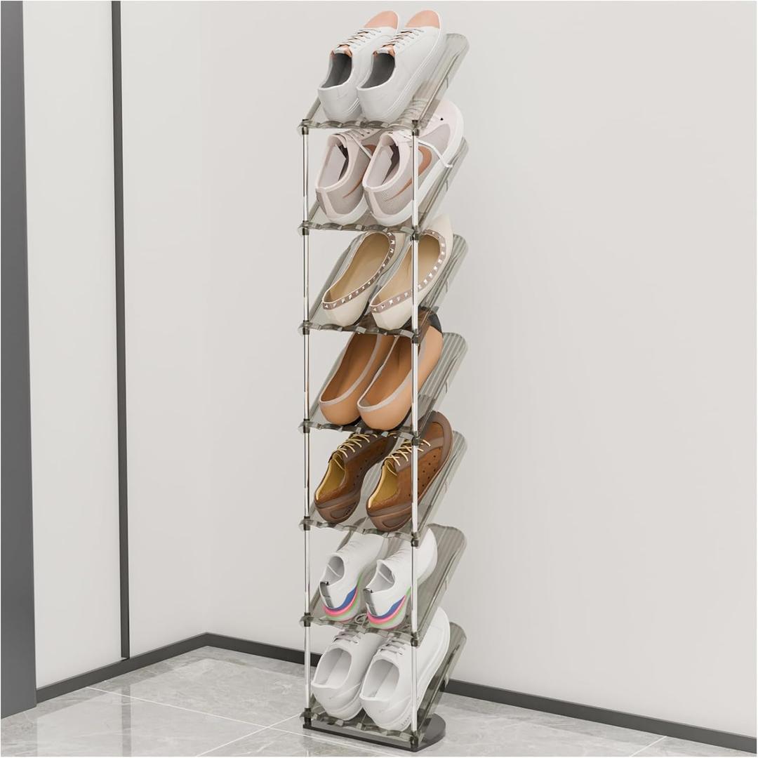 Elegant Shoe Rack 7 Tier Vertical Shoe Storage Organizer Holder Space Saving Free Standing Luxurious Narrow Shoe Shelf for Closet Garage Entryway and Front Door Entrance (Transparent Black)