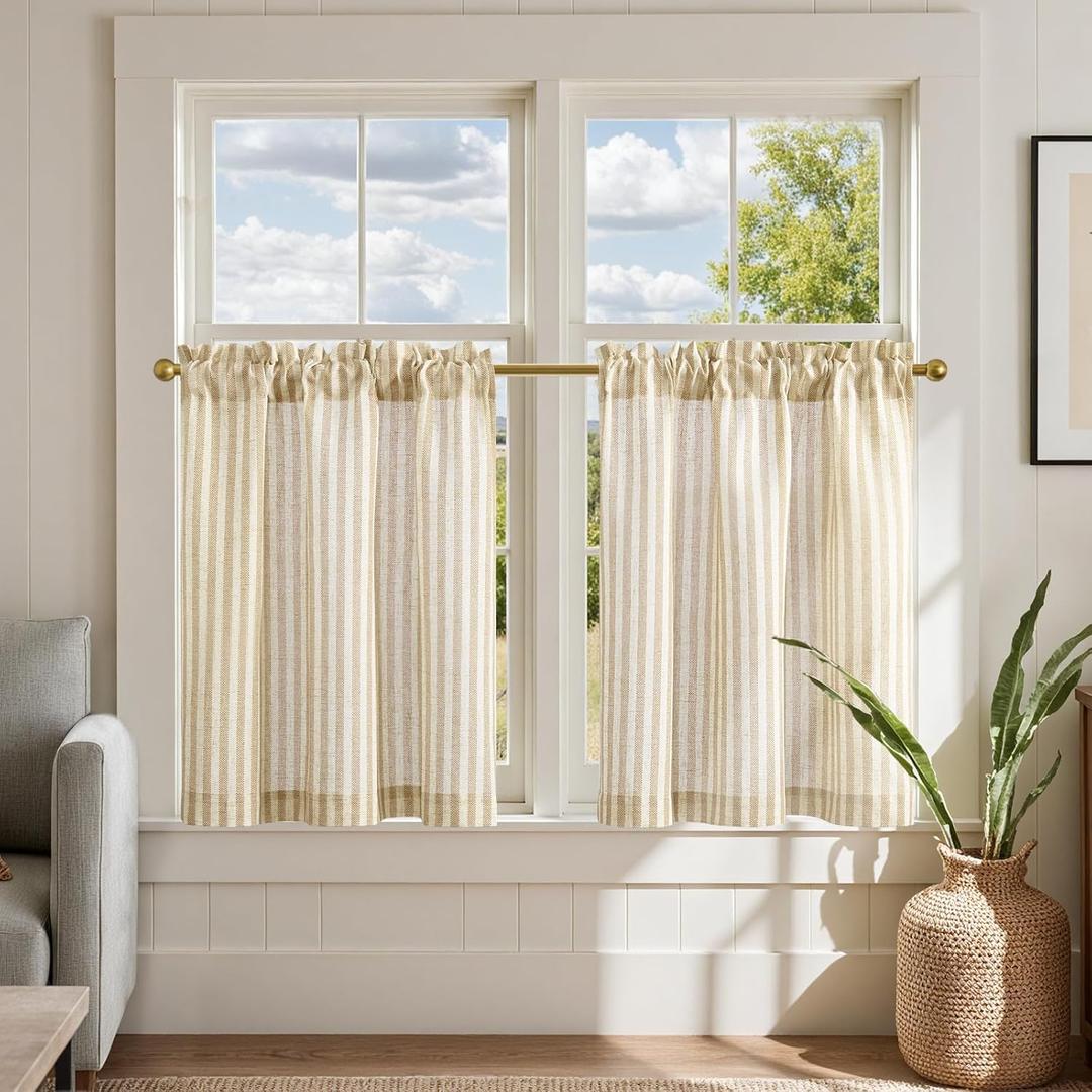 jinchan Linen Kitchen Curtains Striped Tier Curtain Ticking Stripe Pinstripe Cafe Curtains 24 Inch Length for Living Room Bathroom Farmhouse Rustic Curtain Rod Pocket 2 Panels Beige