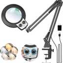 KIRKAS 12X Magnifying Glass with Light and Stand, Overhead Knob Magnifying Lamp for Workbench Craft, Sewing, LED Lighted Magnifier Real Glass Lens Adjust Arm Stepless Dimming and Color(22in Clamp)