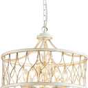 Modern Crystal Chandelier, 5-Light Farmhouse White Chandelier for Dining Room Vintage Hanging Pendant Light Fixtures Round Chandelier for Kitchen Island Entryway Foyer Bedroom Office Bar