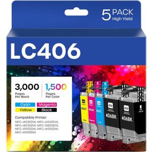 LC406 Ink Cartridges Compatible for Brother LC406 LC406XL LC 406 XL Work for Brother MFC-J4335DW MFC-J5855DW MFC-J4535DW MFC-J6555DW MFC-J6955DW Printer (5 Pack, 2 Black, Cyan, Magenta, Yellow)