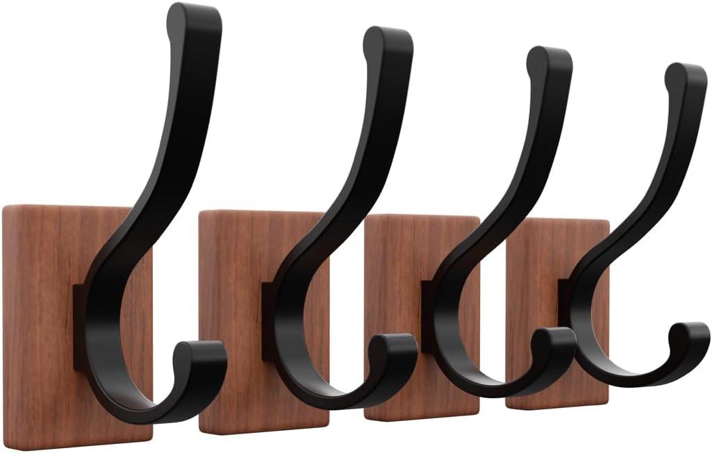 Rustic Wooden Coat Hooks Wall Mounted  Heavy Duty Solid Walnut Wood Wall Hooks Hanger Rack with Screws  Double Hooks for Hanging Coats, Towels, Hat, Bag, Keys, Purse  4 Pack