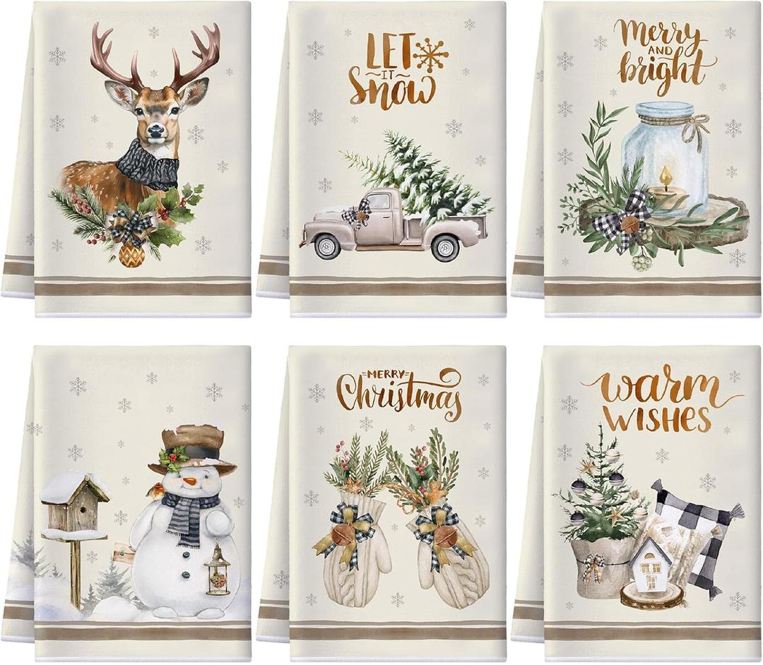 Geyoga 6 Pcs Christmas Kitchen Towels Snowman Christmas Dish Hand Towels Absorbent Xmas Truck Reindeer Vintage Tea Dishcloths for Winter Holiday Bathroom Decor Housewarming Gifts, 16 x 24 Inch (Classic Colors)