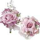 Artificial Rose gypsophila Wrist Corsage and Boutonniere Set Artificial Corsage Wristlet Bracelet for Wedding Decorations Prom Ceremony Accessories(1 Boutonniere & 1 Corsage)