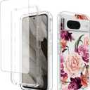 Case for Pixel 8 Case, Google 8 GKWS6 G9BQD Case with Tempered Glass Screen Protector, Full Body Cute Floral Bumper Shockproof Protective Phone Case Cover for Google Pixel 8 Purple Flower