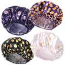 2 x Shower Caps for Women, 4 PCS Reusable Waterproof Bath Cap | Double Layer, Washable, Wide Elastic Band, Holds Long Hair, Caps for Bath Accessories, Spa, Travel Home - Ginkgo Leaf
