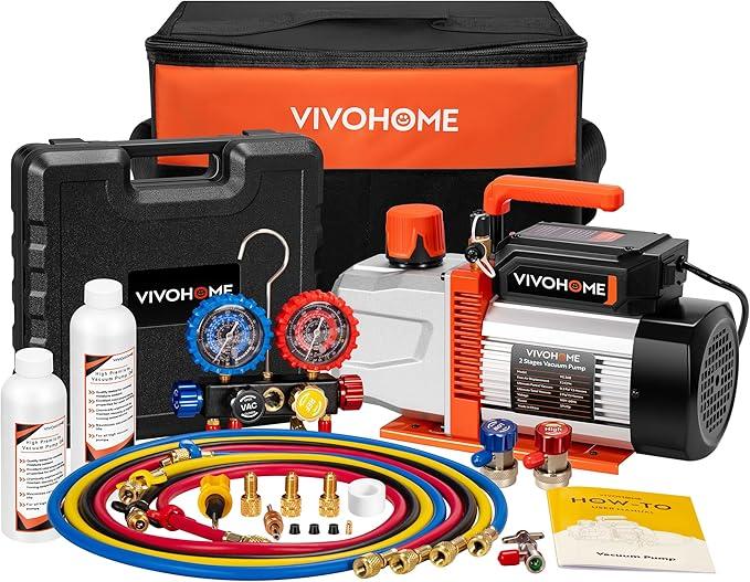 VIVOHOME VG Series AC Vacuum Pump and Gauge Set, 3/4 HP 7.2CFM 2 Stage HVAC Vacuum Pump and 4 Way Manifold Gauge Kit with 5ft Hoses for R134a R12 R22 R502 R410a Auto HVAC Systems Commercial Use
