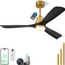 60 inch Smart Ceiling Fan with Lights,Outdoor Ceiling Fan 3 Wood Blades Compatible with Alexa/Gg Voice Control&App&Remote,Quiet DC Motor for Covered Patio Porch Bedroom,Black and Gold