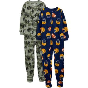 Simple Joys by Carter's Kids' Loose-fit Flame Resistant Fleece Footed Pajamas (6, Green Monster Trucks/Navy Football)