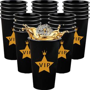 25 Pcs Hollywood Movie Theme VIP Cup Party Decorations - 16oz Reusable Plastic Cups With VIP Pass, Birthday Party Supplies