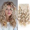 Curly Hair Extensions, LEOSA 4PCS 16 inch Clip in Hair Extensions Short Soft Natural Hairpiece Lace Weft Curly Wave Clip Ins Extensions Invisible for Women, Gold Blonde with beige Highlights