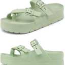 Womens Platform Sandals with Arch Support, Adjustable Buckle Beach Sandal Woman Comfort Lightweight Ultra Cushion EVA Slides (Green)