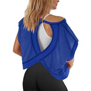 Panadila Women's Open Back Workout Top Oversized Workout T Shirts Backless Athletic Shirt Short Sleeve Baby Tee (Small, Royal Blue)
