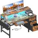 Lufeiya Gaming Desk with LED Lights and Power Outlets, 47 Inch Home Office Desks with Keyboard Tray, Computer Desk with File Drawers Cabinet, Writing Table PC Desks with Monitor Stand, Rustic Brown
