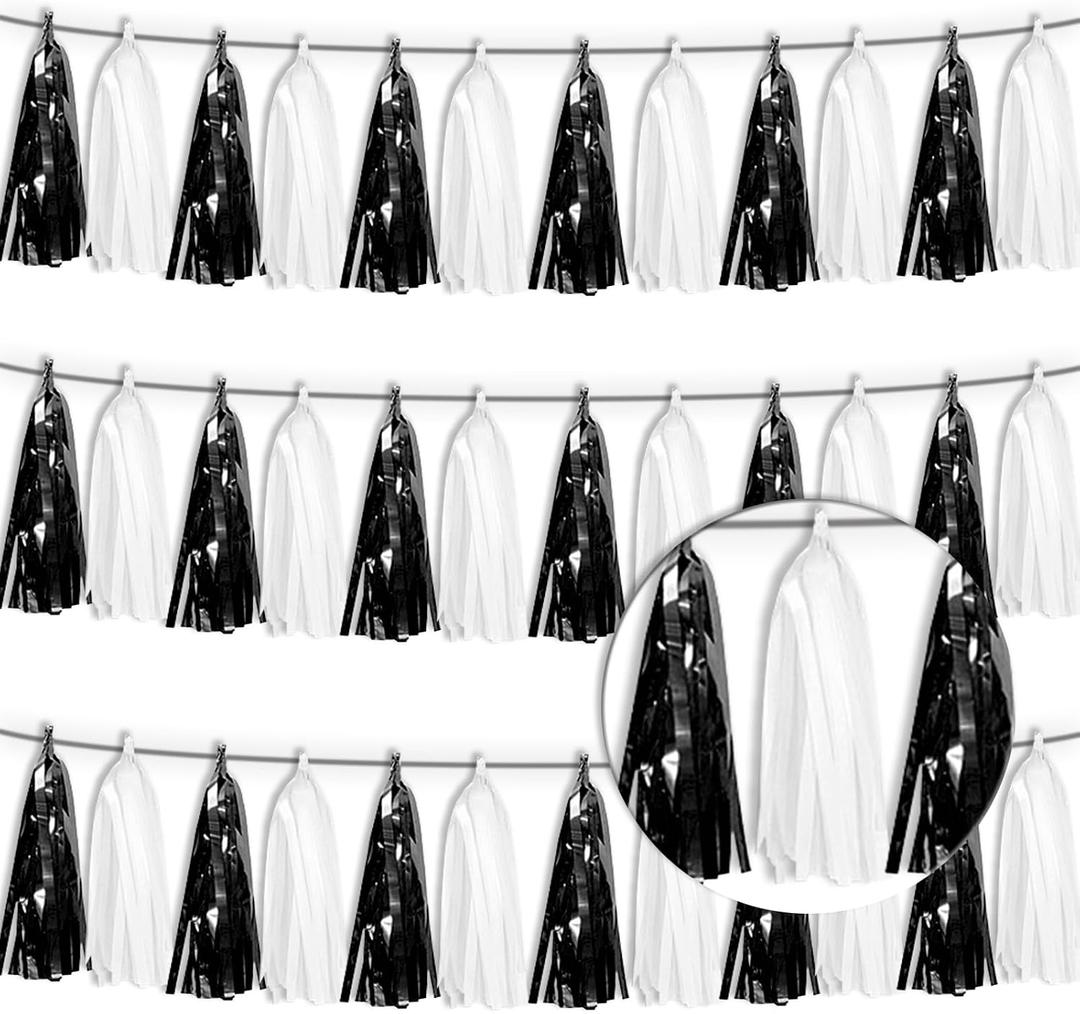 3P Black White Tassel Banner Garland Metallic Foil Fringe Banner Tinsel Tassels Streamer Banner Backdrop for Parade Floats Graduation, Halloween, Christmas, Father's Day Party Decorations