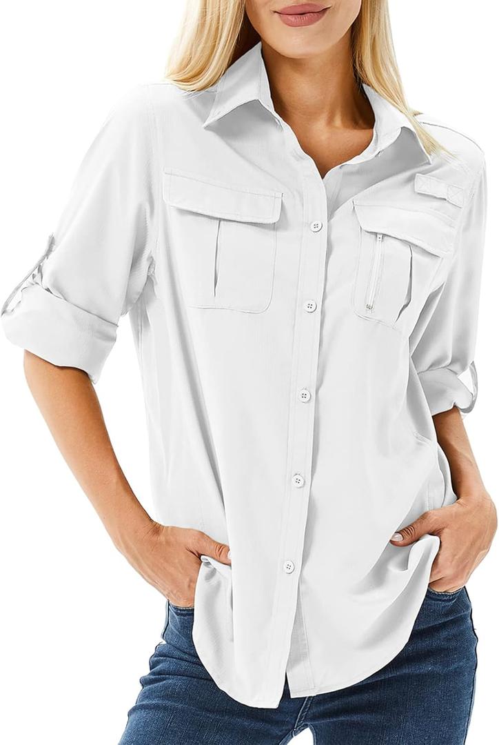 Toumett Women's UPF 50 Long Sleeve UV Sun Protection Safari Shirts Outdoor Quick Dry Fishing Hiking Travel Shirts(5071, White01, L)