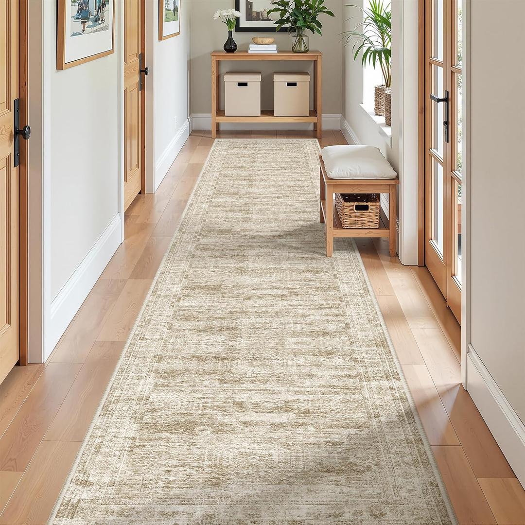 Long Hallway Runner Rug- Carpet Runners for Hallway 12ft, Anti Slip Backing Washable Rug Runner for Bathroom, Entrance, Living Room, Soft Low Pile Modern Rug Runner(2'x12', Brown/Ivory)