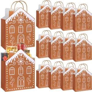 Kolldenn 24 Pcs Kraft Christmas Gingerbread Paper Gift Bags with Handles Reusable Gingerbread House Shaped Goodies Treat Candy Bags Bulk 10.6 x 3.1 x 7.1 Inch for Wrapping Holiday Xmas Party Favors