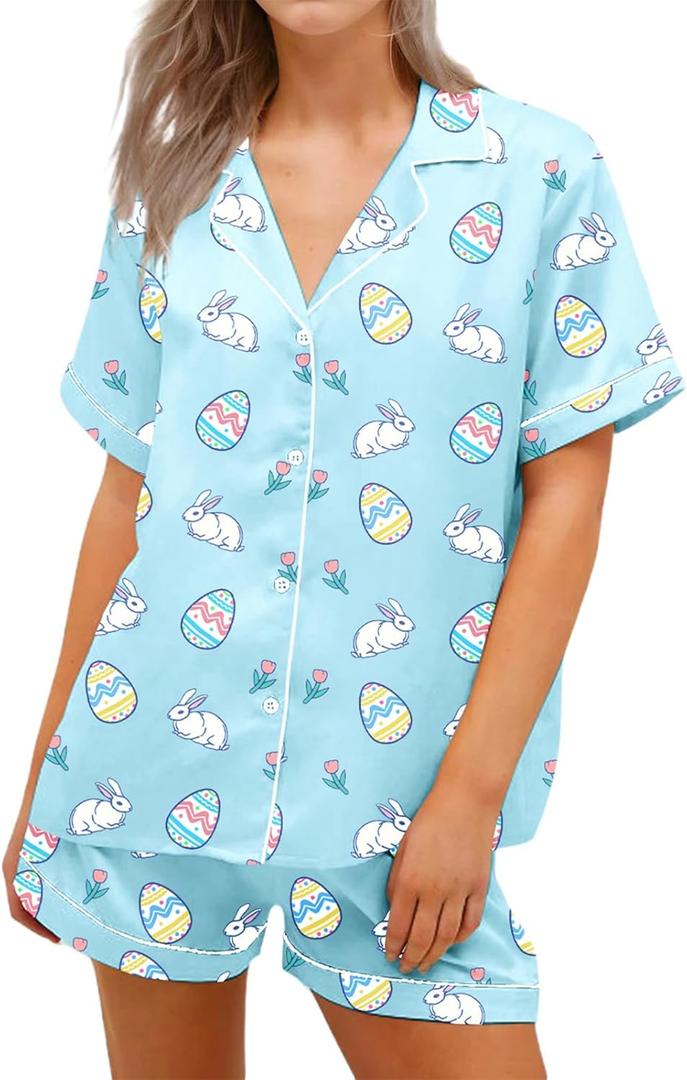 RUEWEY Women Easter Pajamas Set Bow/Rabbit Print Button T-Shirt and Elastic Shorts for Loungewear Soft Sleepwear (Large, Blue Base)