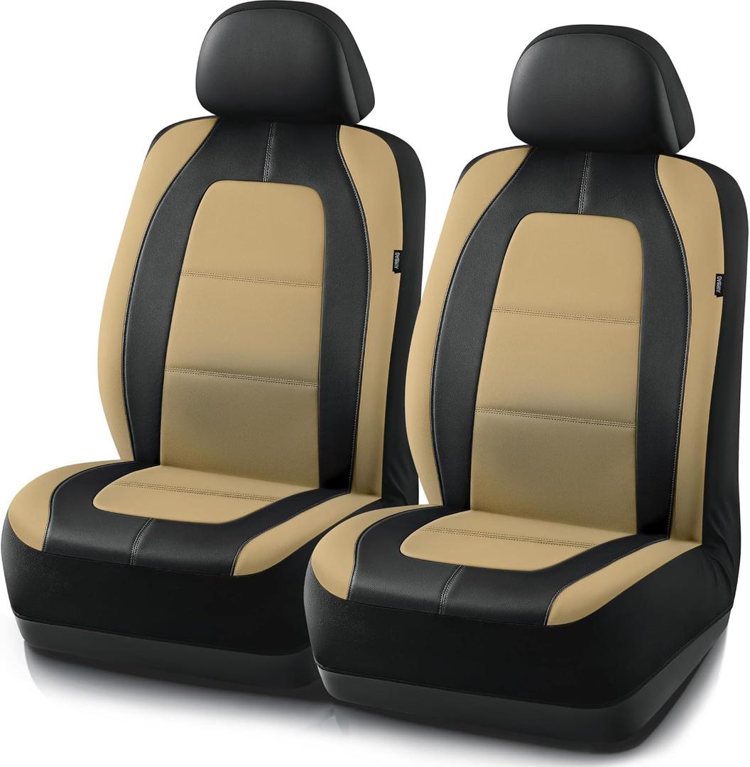 Road Comforts Car Seat Cover, Leather Car Seat Covers, Front Low Back Sport Seat Covers, Airbag Compatible, Universal Fits for Most Cars (Beige)