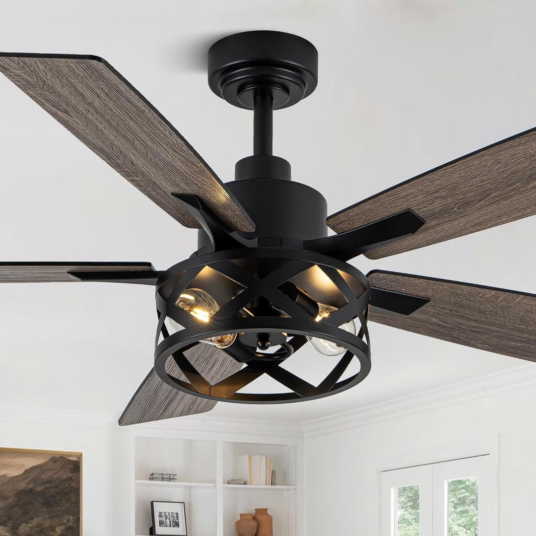 52 Inch Farmhouse Ceiling Fan with Light and Remote Industrial Ceiling Fan Quiet and Reversible DC Motor Rustic Caged Chandelier Fan for Living Room Bedroom Patio (Coarse Metal Frame)