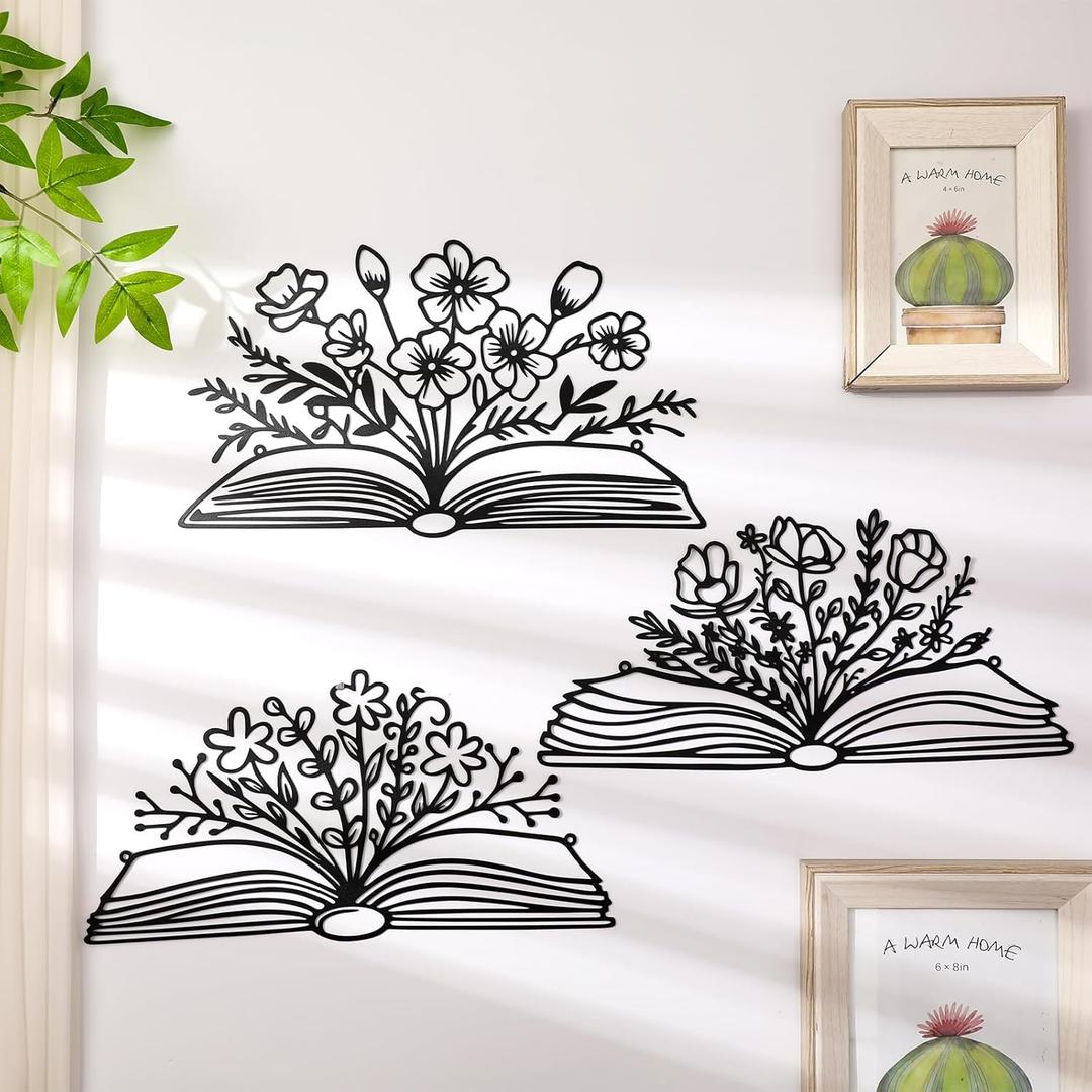 Honeydak 3 Pcs Reading Metal Book Flower Wall Art Decor Black Wall Hanging Decor Library Sign Silhouette Book Lovers Teacher Gift Wall Sculptures for Home Reading Room Living Room Bedroom Office