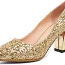 Women's Sparkling Glitter Chunky Heel Closed Toe Pumps Comfortable Mid Block Heel Slip-on Classic Party Dress Shoes (6, Gold)