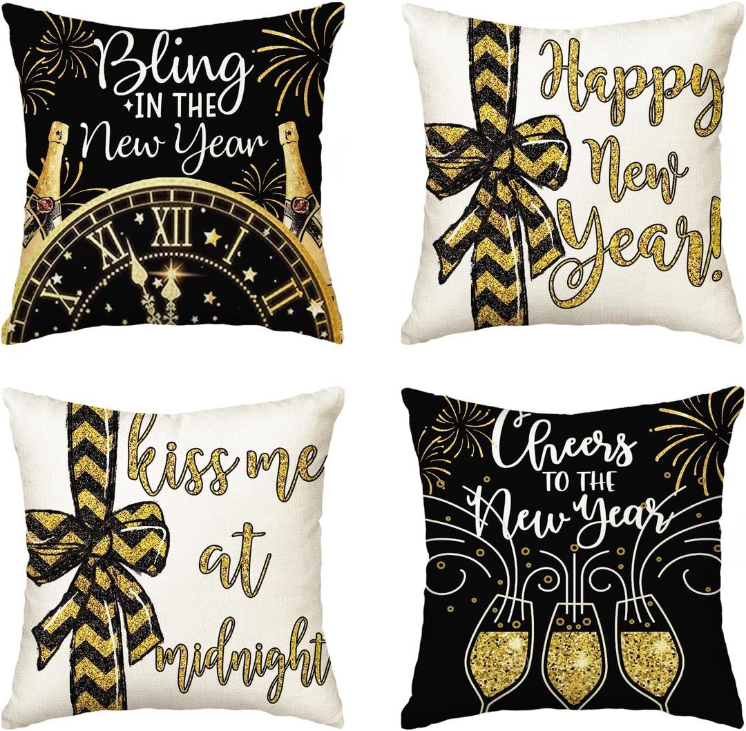 AVOIN colorlife Happy New Year Cheers at The New Year Throw Pillow Covers, 20 x 20 Inch Winter Holiday Celebrate Party Cushion Case Decoration for Sofa Couch Set of 4