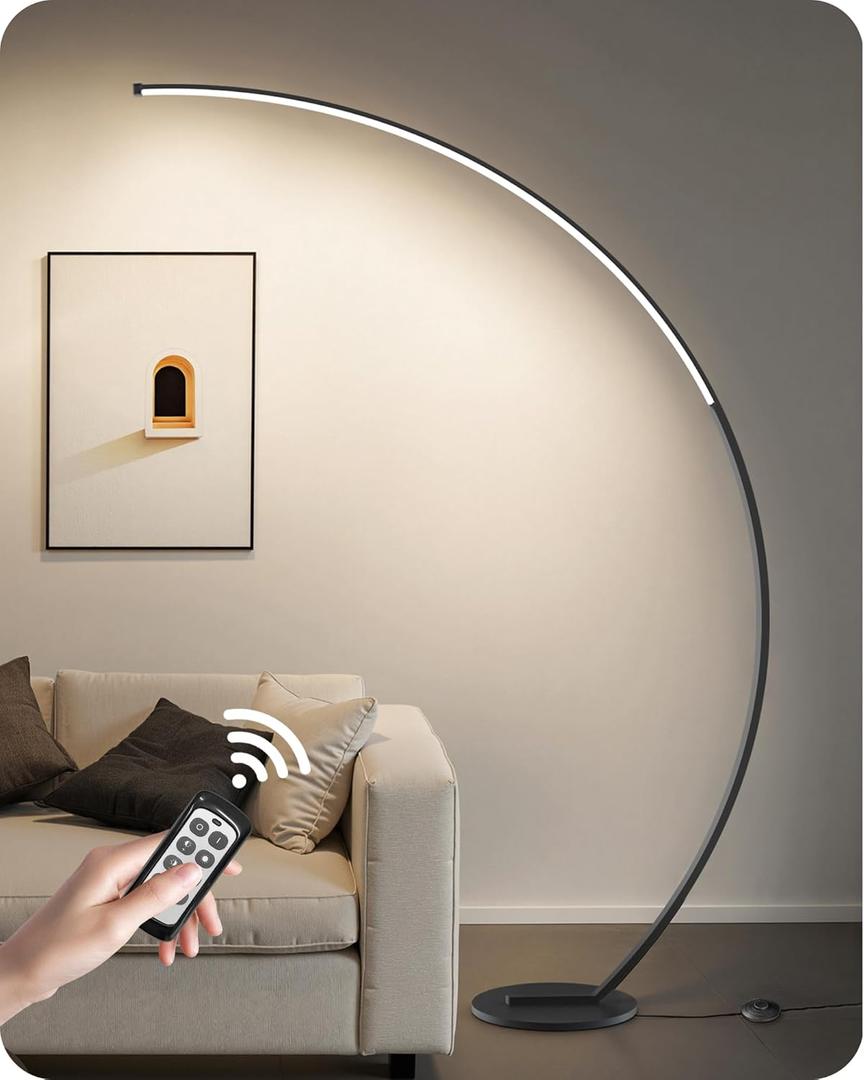 75 inch Dimmable LED Arc Floor Lamp for Living Room with Foot and Remote Control, 3 Color Temperatures, 3000K-6000K Whites, LED Corner Lamp, Modern Standing Tall Lamp for Bedroom B62LD05