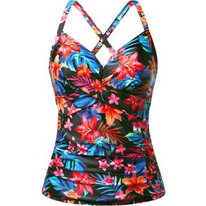 Women Tankini Bathing Suit Top - Twist Front V Neck Swim Top Only Ruched Tummy Control No Bottom 2025 (Medium, Red Flower)