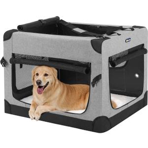 Veehoo 36 inch Folding Soft Dog Crate, 4-Door Portable Collapsible Pet Kennel Travel Dog Crate for Large Dogs, 5 x Durable Mesh Screen, 600D Oxford Fabric, Indoor & Outdoor Use, Grey, CWB2428CP 