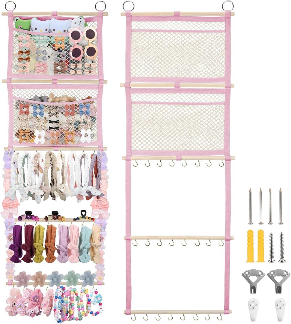Headband Holder, 17x50in Bow Holder for Girls Hair Bows W/ 2 Mesh Pockets & 24 Metal Hooks, Baby Headband Bow Organizer, Wall Hanging Hair Accessories Storage for Toddler Room Nursery Decor(Pink)