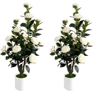 2 Pack 3FT Artificial Camellia Trees, 24 Realistic Silk Flowers & Buds, Faux Blooming Potted Plants in White Planters, 36" Fake Flowering Tree for Indoor Outdoor Home Porch Wedding Decor (White, 3FT)