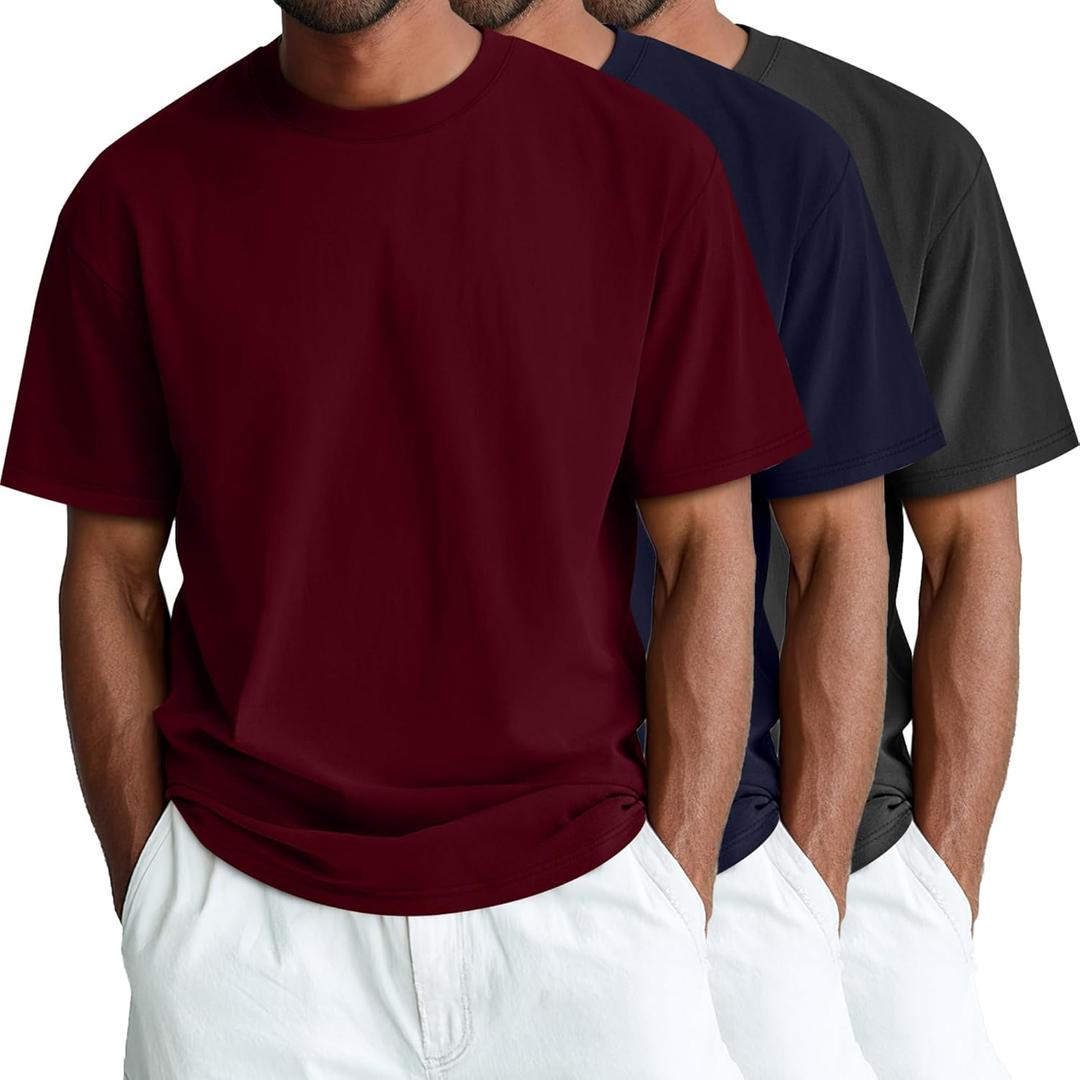 Ficerd 3 Pack Men's Big and Tall Shirts Short Sleeve Cotton Tee Crew Neck Basic Casual Top Loose Fit Summer T Shirts (Medium, Black, Navy Blue, Wine Red)