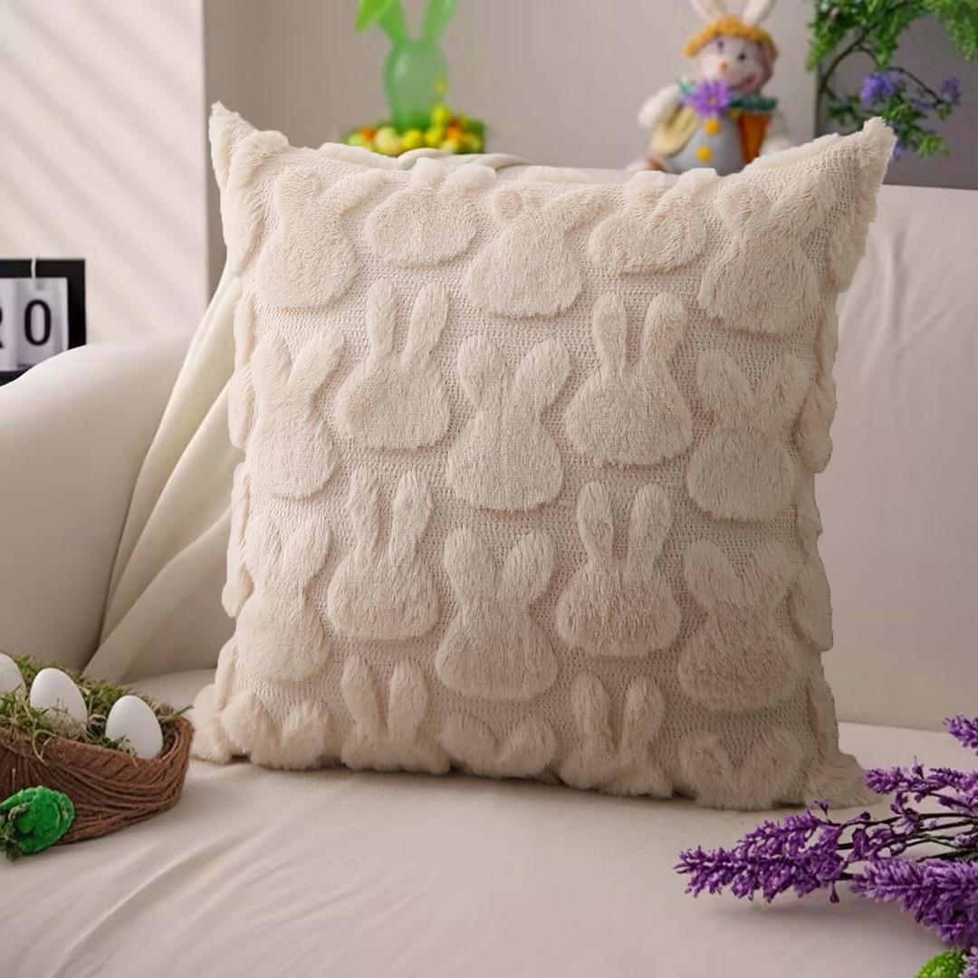 DFXSZ Easter Pillow Covers 18x18 inch Easter Decoration Beige Rabbit Soft Plush Faux Fur Jacquard Throw Pillows for Bedroom Sofa Holiday Festivals Home Decor FHJ-013C18