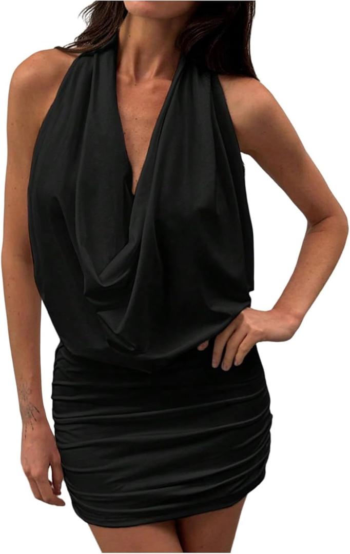 MakeMeChic Women's Halter Mini Dress Draped Front Ruched Bodycon Party Short Dresses (Black, M)