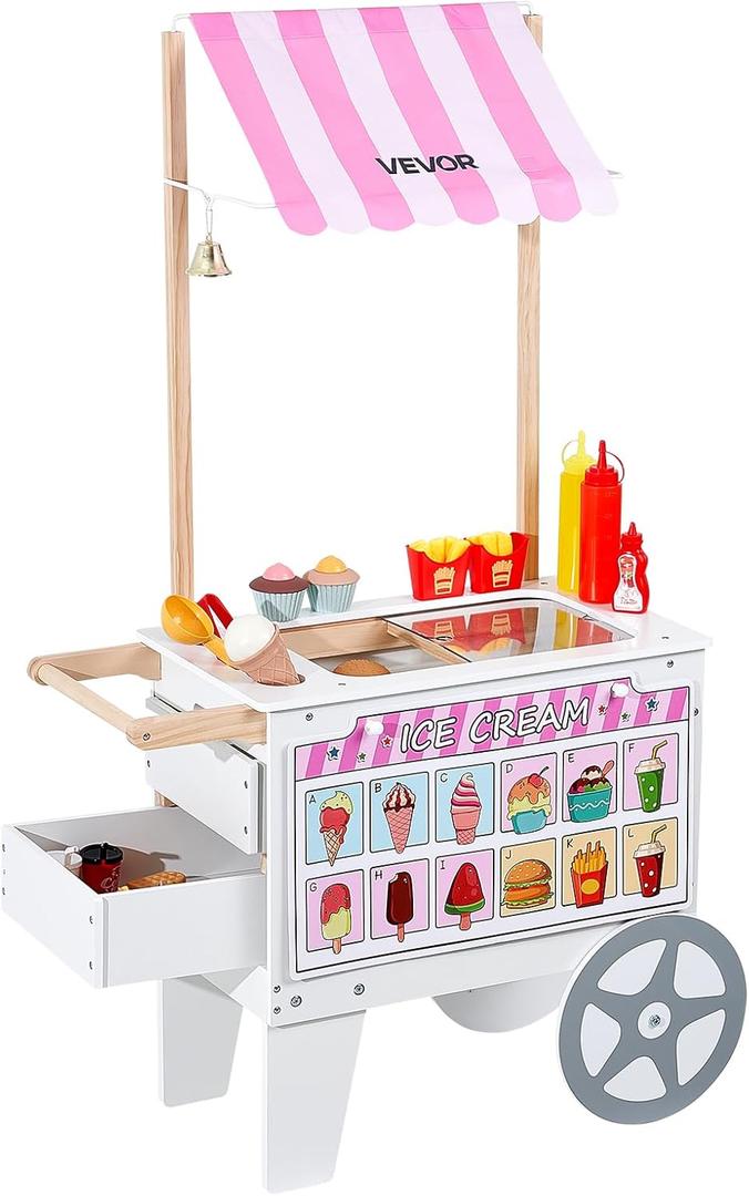 VEVOR Ice Cream Cart for Kids, 20+ PCS Accessories, Pretend Play Ice Cream Shop Kitchen Food Toys with Ice Cream Cone & Popsicle, Awning & Freezer, Storage Drawers & Flipping Menus, for Kids Aged 3-7