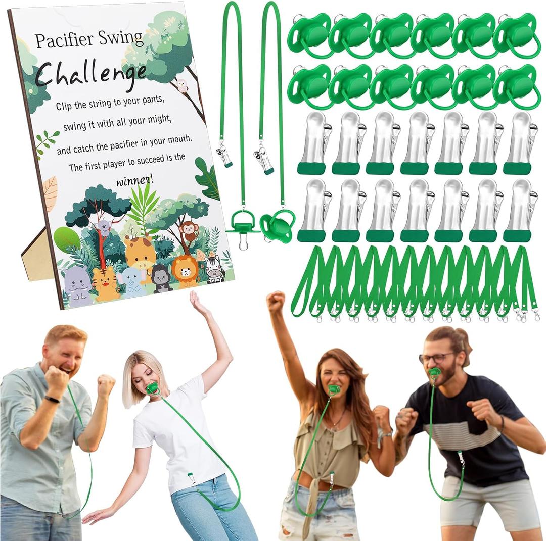 Geelin 12 Sets Swing Pacifier Baby Shower Games Funny Gender Reveal Games, Include 1 Wooden Sign and 12 Plastic Pacifiers for Bridal Baby Shower Gender Reveal Party Women Men(Jungle Animals,Green)