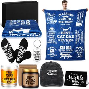 8 Pcs Cat Dad Gifts Set Includes Best Cat Dad Ever Blanket Whiskey Glasses Socks Keychain Hat Greeting Cards Sented Candle Black Gift Box for Men Father's Day Birthday Party Favors