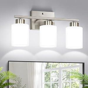 Brushed Nickel Bathroom Light Fixtures with Milk Glass Shades, Eye-Friendly 3 Light Vanity Lights for Bathroom, Vanity Lights with E26 Socket (Bulbs Not Included), for Mirror, Bedroom, Hallway