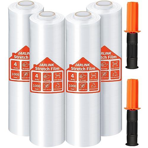 JARLINK Stretch Film, 15 Inch x 1000 Feet Shrink Wrap for Pallet Wrap, Industrial Strength Stretch Wrap with Handles, Moving Wrapping Plastic Roll, 60 Gauge, 4 Pack