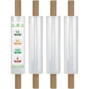 BOMEI PACK Stretch Film Wrap - Industrial Clear Plastic Stretch Wrap 1000 Feet 80 Gauge 4 Packs with Handle, Pallet Wrap for Packing, Moving Supplies, Packing Wrap Plastic Roll 15 Inches